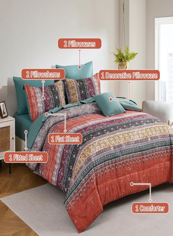 Cottolester Boho Queen Comforter Set 8 Pieces,Orange and Green Bohemian Striped Bed in a Bag,Paisley Soft Microfiber Bedding Comforter Set - Image 2