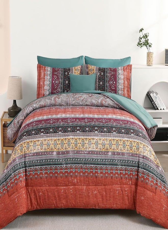 Cottolester Boho Queen Comforter Set 8 Pieces,Orange and Green Bohemian Striped Bed in a Bag,Paisley Soft Microfiber Bedding Comforter Set - Image 1