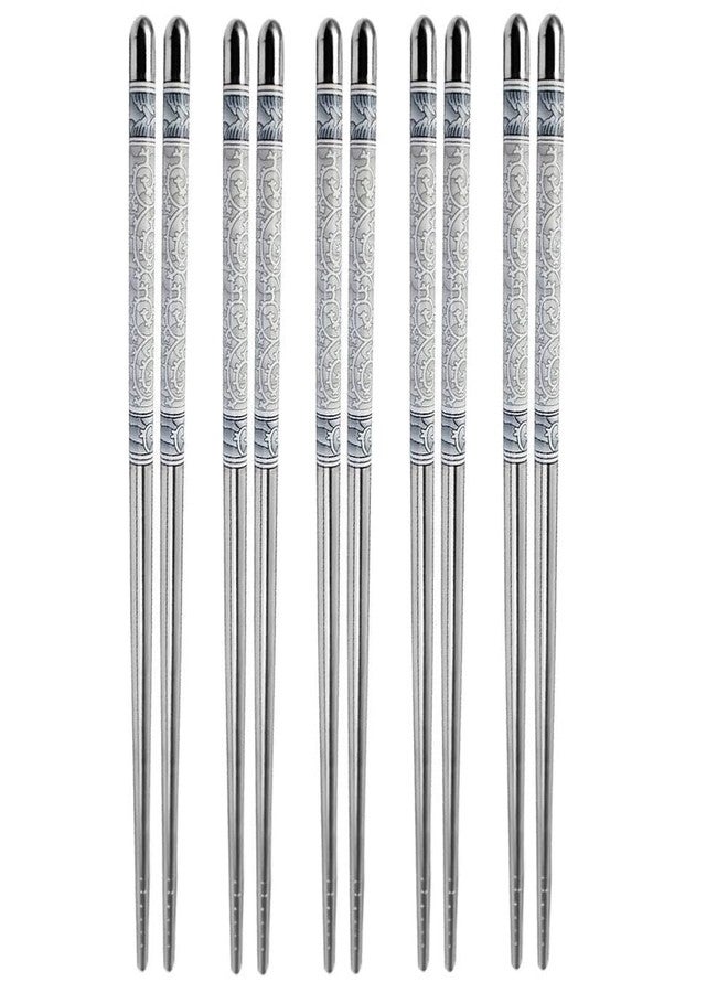 PRYFIL 5 Pairs Stainless Steel Reusable Chopsticks Porcelain Pattern for Noodles, Sushi, Fried Rice (22 cm, Silver) - Image 1