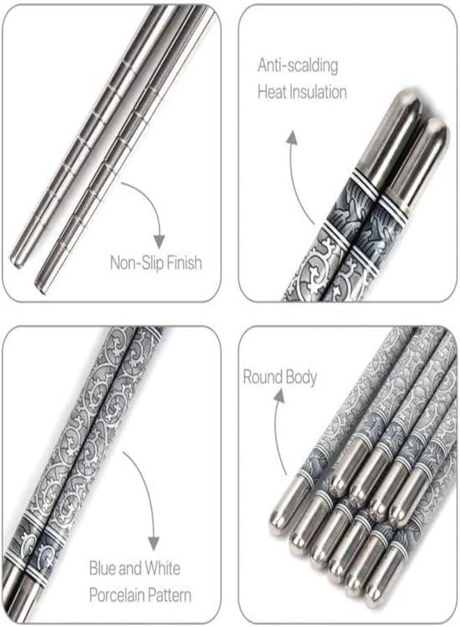 PRYFIL 5 Pairs Stainless Steel Reusable Chopsticks Porcelain Pattern for Noodles, Sushi, Fried Rice (22 cm, Silver) - Image 4