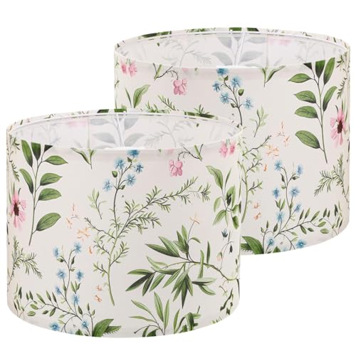 Haultop Drum Lamp Shades Set of 2, 13x13x10in Fabric Lamp Shade, Lampshade with Leaves and Floral Print, Lamp Shades for Table Lamps, Support Spider and E26/E14 Base - Image 1
