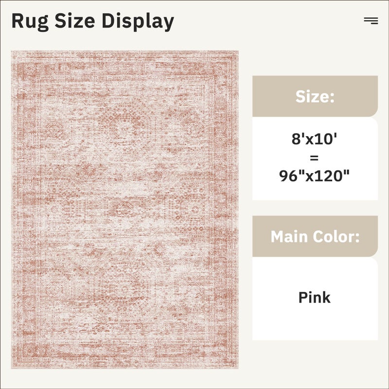 Soalmost Washable Area Rug 8x10, Large Soft Rugs for Living Room Vintage Area Rugs for Bedroom Dining Room Non-Slip Stain Resistant Pink Under Table Rug - Image 3