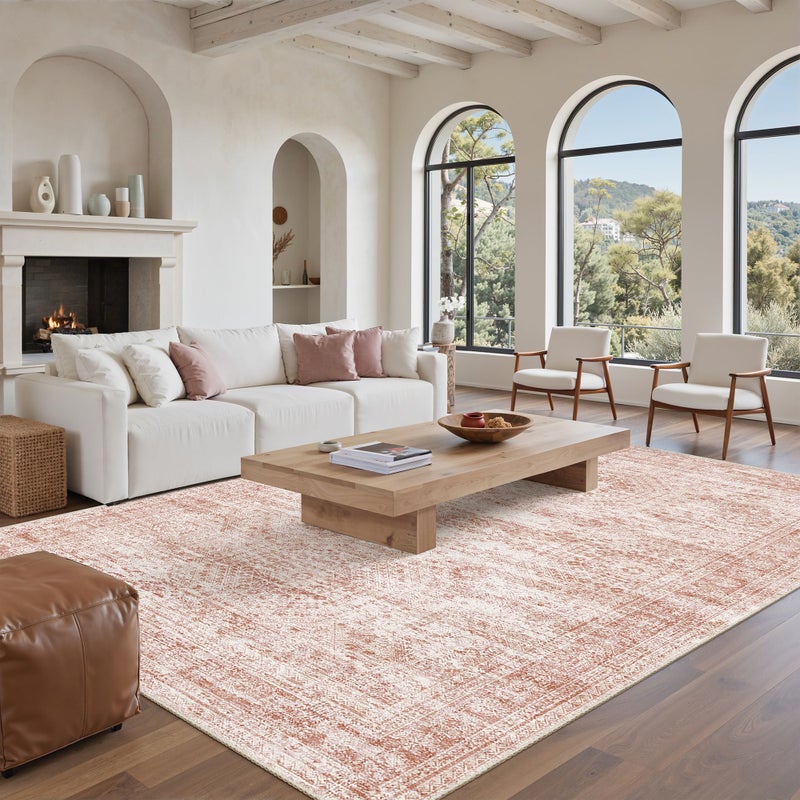 Soalmost Washable Area Rug 8x10, Large Soft Rugs for Living Room Vintage Area Rugs for Bedroom Dining Room Non-Slip Stain Resistant Pink Under Table Rug - Image 1