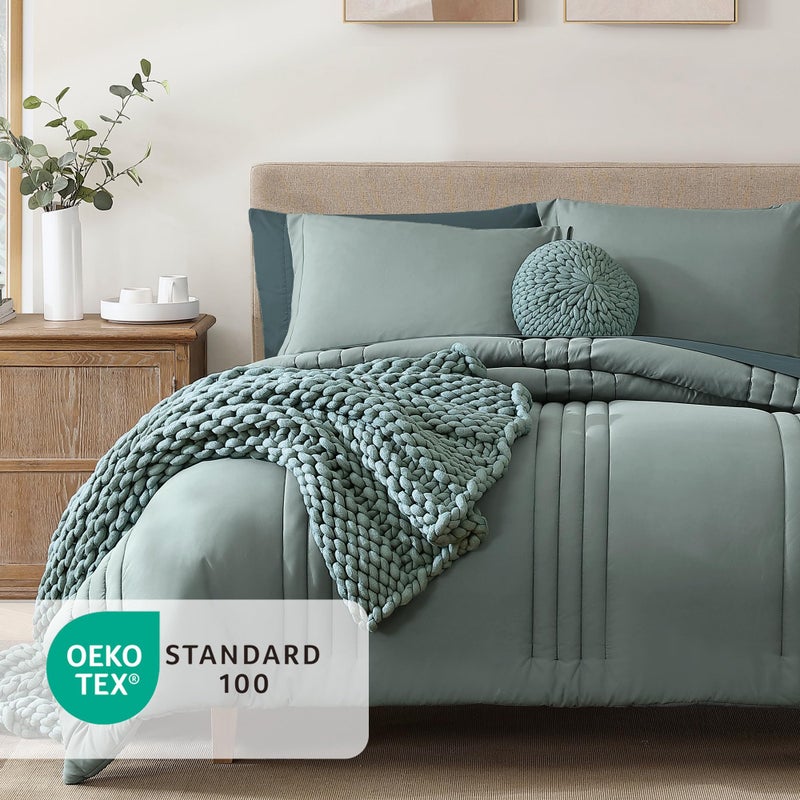 Monbix California King Size Comforter Set - 7 Pieces Bed in a Bag California King, Sage Green Bedding Sets, All Seasons Comforter Bed Set with Sheets, Pillowcases & Shams - Image 2