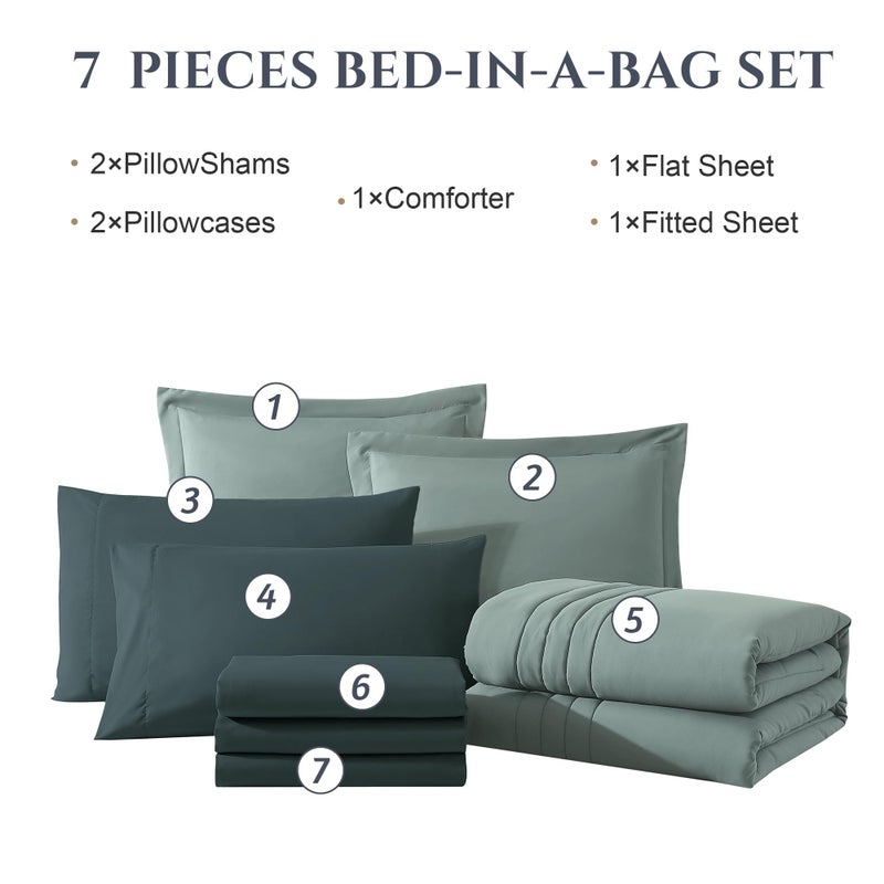 Monbix California King Size Comforter Set - 7 Pieces Bed in a Bag California King, Sage Green Bedding Sets, All Seasons Comforter Bed Set with Sheets, Pillowcases & Shams - Image 5