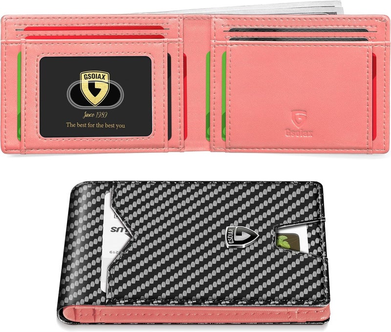 GSOIAX Mens Slim Wallet for Men Minimalist Genuine Leather Carbon Fiber Rfid Blocking Bifold Credit Card Holder With Gift Box, Pink and Carbon Black, Slim - Image 1