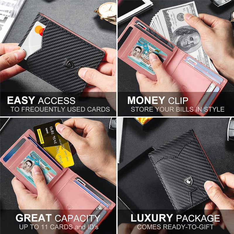 GSOIAX Mens Slim Wallet for Men Minimalist Genuine Leather Carbon Fiber Rfid Blocking Bifold Credit Card Holder With Gift Box, Pink and Carbon Black, Slim - Image 3