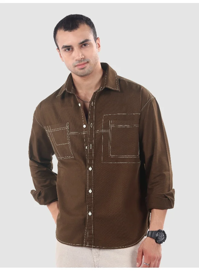 Beyoung Brown Dual Pocket Contrast Stitch Shirt