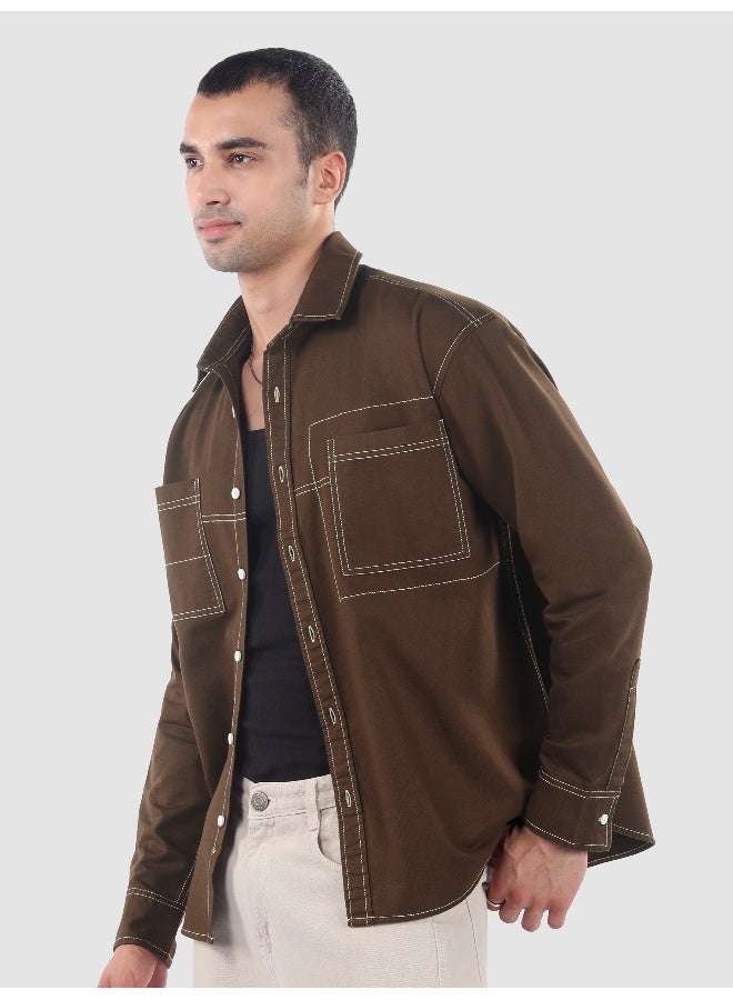 Beyoung Brown Dual Pocket Contrast Stitch Shirt - Image 2