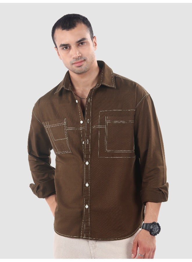 Beyoung Brown Dual Pocket Contrast Stitch Shirt - Image 1