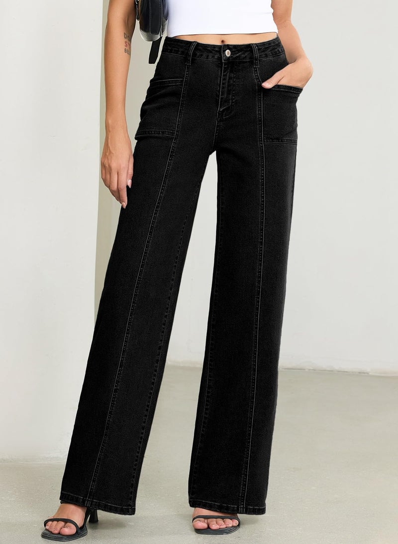 Sidefeel Womens Wide Leg Jeans High Waisted Stretchy Straight Leg Baggy Denim Pants Black Size 4 - Image 4