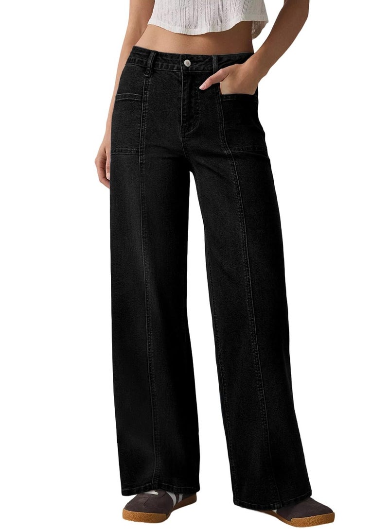 Sidefeel Womens Wide Leg Jeans High Waisted Stretchy Straight Leg Baggy Denim Pants Black Size 4 - Image 1