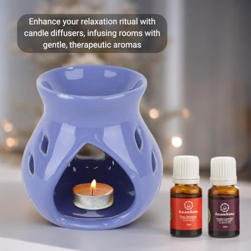 Asian Aura Aroma Oil Burner Ceramic Candle Diffuser, Oil Warmer with 2 10 ml Aroma Oil(Rosy Romance & English Lavender)| 1 Tea Light Candle |for Aromatherapy and Home Fragrance| Blue Burner - Image 4