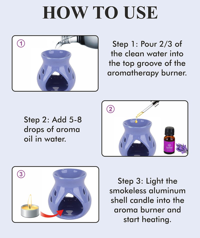 Asian Aura Aroma Oil Burner Ceramic Candle Diffuser, Oil Warmer with 2 10 ml Aroma Oil(Rosy Romance & English Lavender)| 1 Tea Light Candle |for Aromatherapy and Home Fragrance| Blue Burner - Image 5