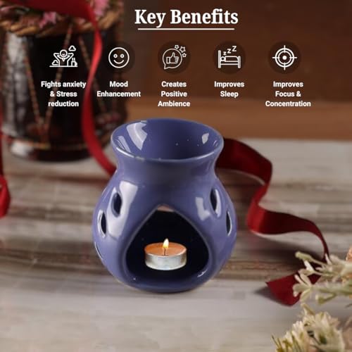 Asian Aura Aroma Oil Burner Ceramic Candle Diffuser, Oil Warmer with 2 10 ml Aroma Oil(Rosy Romance & English Lavender)| 1 Tea Light Candle |for Aromatherapy and Home Fragrance| Blue Burner - Image 3