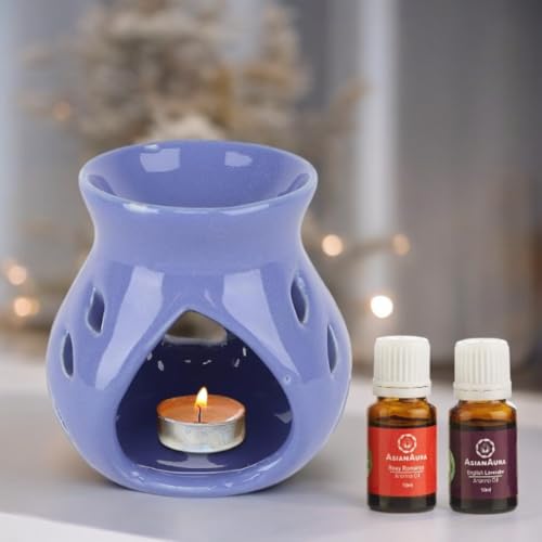 Asian Aura Aroma Oil Burner Ceramic Candle Diffuser, Oil Warmer with 2 10 ml Aroma Oil(Rosy Romance & English Lavender)| 1 Tea Light Candle |for Aromatherapy and Home Fragrance| Blue Burner - Image 1