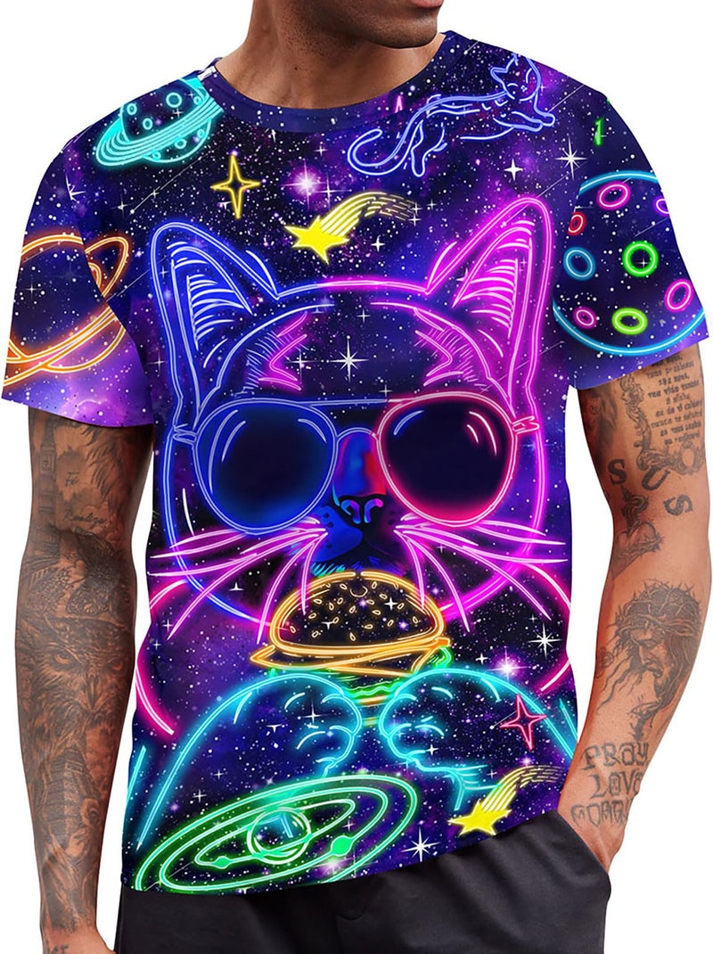 RAISEVERN Mens T-Shirts Funny Neon Cat Shirts Casual Cool Hip Hop Galaxy Space Rave Crewneck Short Sleeve Novelty Graphic Tees Holiday Festival Party Crazy T Shirt Unisex Summer Top - Image 1