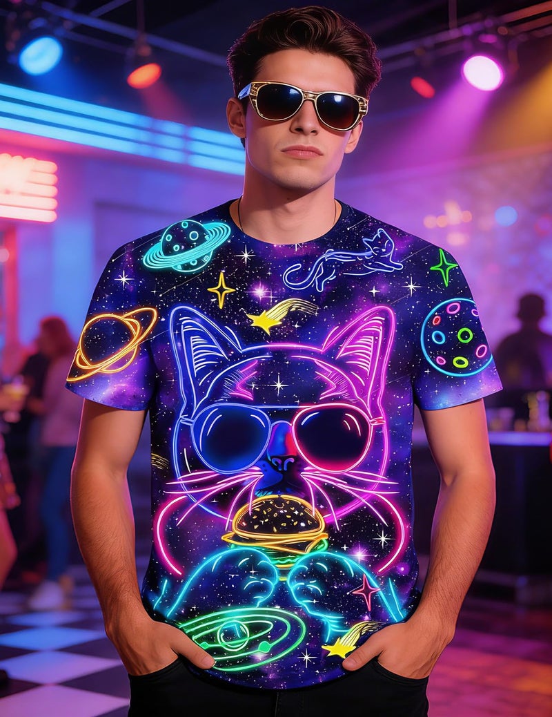 RAISEVERN Mens T-Shirts Funny Neon Cat Shirts Casual Cool Hip Hop Galaxy Space Rave Crewneck Short Sleeve Novelty Graphic Tees Holiday Festival Party Crazy T Shirt Unisex Summer Top - Image 4