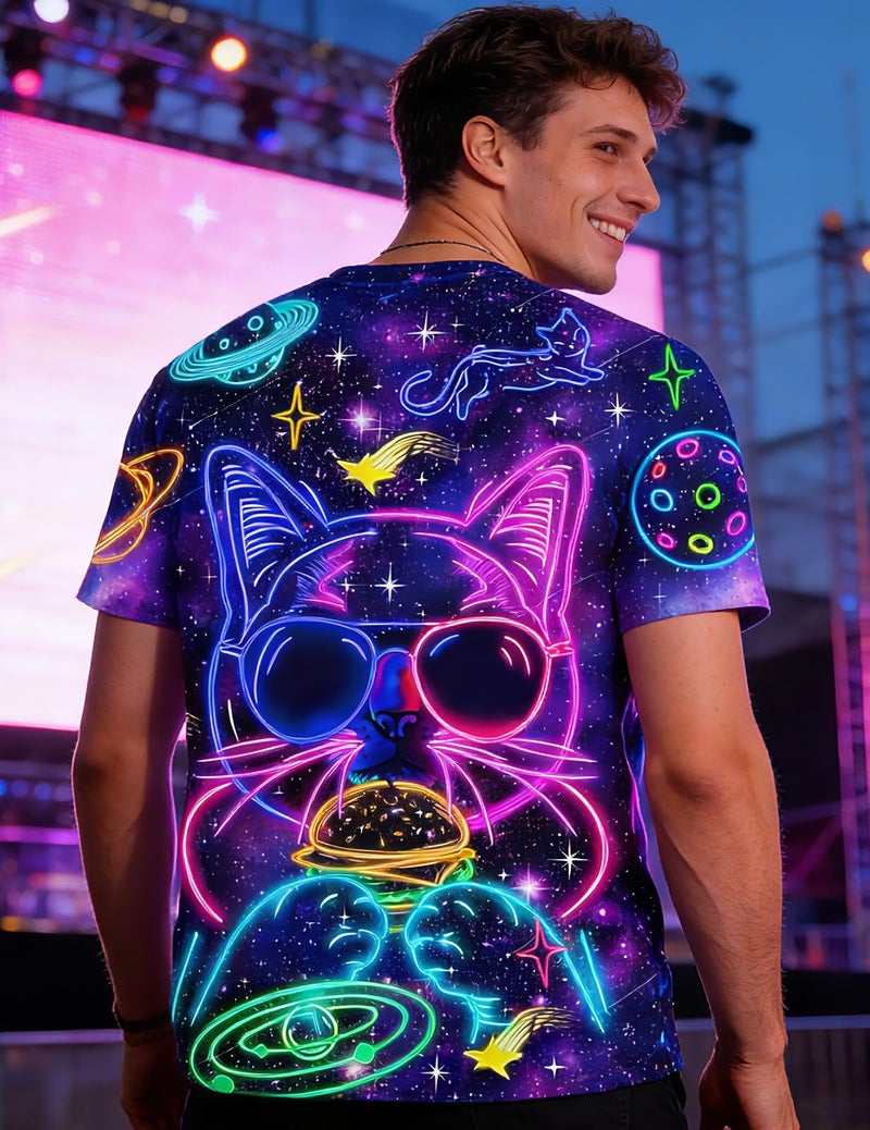 RAISEVERN Mens T-Shirts Funny Neon Cat Shirts Casual Cool Hip Hop Galaxy Space Rave Crewneck Short Sleeve Novelty Graphic Tees Holiday Festival Party Crazy T Shirt Unisex Summer Top - Image 5