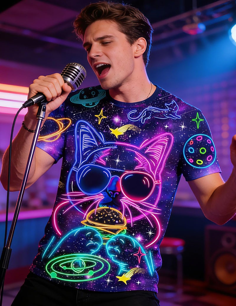 RAISEVERN Mens T-Shirts Funny Neon Cat Shirts Casual Cool Hip Hop Galaxy Space Rave Crewneck Short Sleeve Novelty Graphic Tees Holiday Festival Party Crazy T Shirt Unisex Summer Top - Image 3