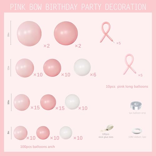 jenlion 110pcs Coquette Pink Bow Balloon Garland Arch Kit with DIY 3D Ribbon Bows 1812105 Inch Pastel Pink White Latex Balloons for Girl Baby Shower 1st Birthday Balletcore Princess Party - Image 5