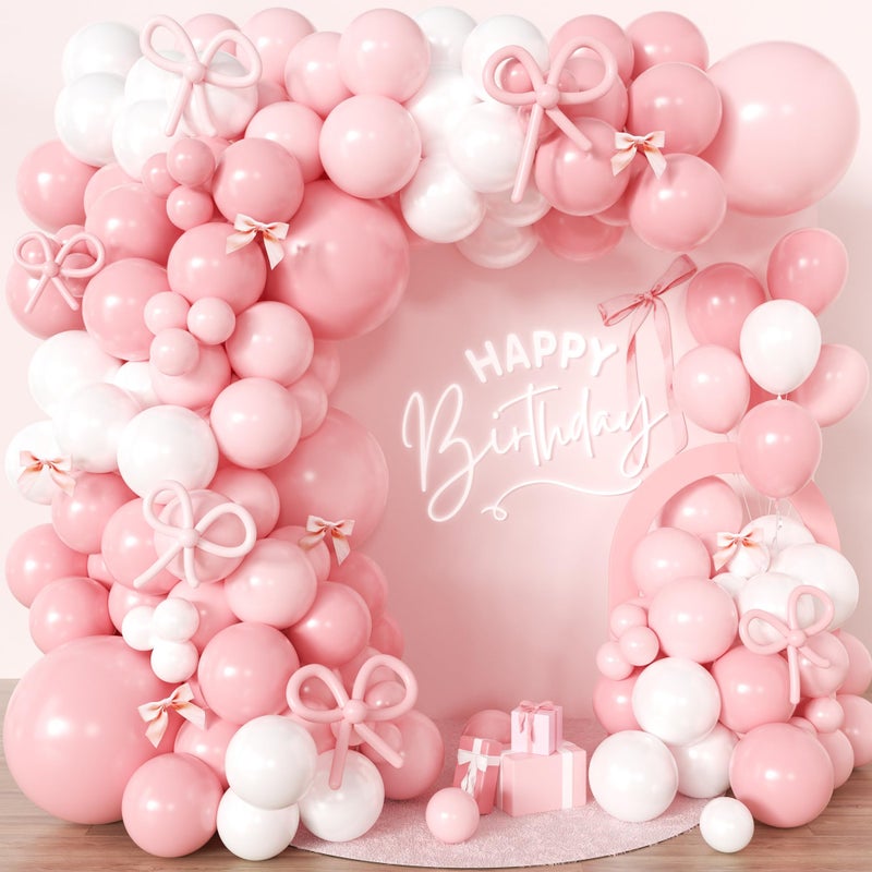 jenlion 110pcs Coquette Pink Bow Balloon Garland Arch Kit with DIY 3D Ribbon Bows 1812105 Inch Pastel Pink White Latex Balloons for Girl Baby Shower 1st Birthday Balletcore Princess Party - Image 3