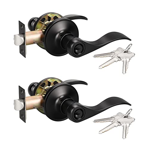 KNOBWELL 2 Pack Wave Style Door Lever Keyed Entry Door Lock Black Door Handles Leverset for Exterior/Interior Doors Matte Black Different Keys, Reversible for Left/Right Handed - Image 1