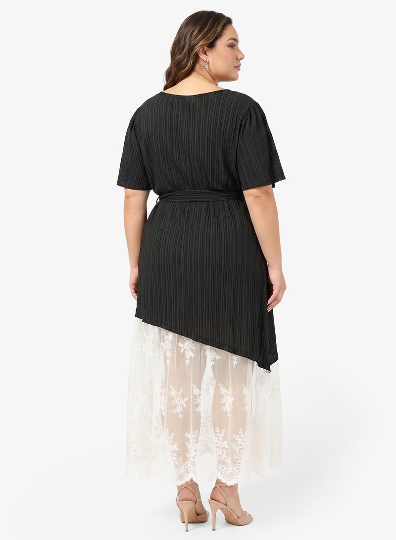 Ginger Plus Assymetric Belted Dress with Lace Hem - Image 2