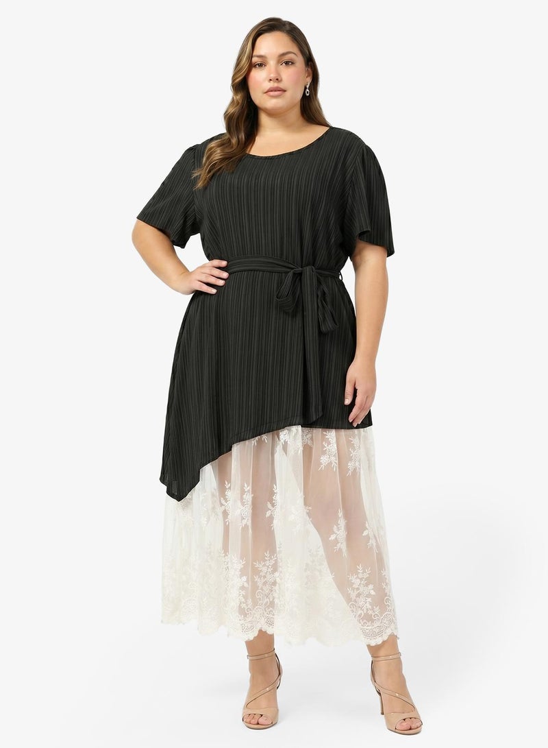 Ginger Plus Assymetric Belted Dress with Lace Hem - Image 1