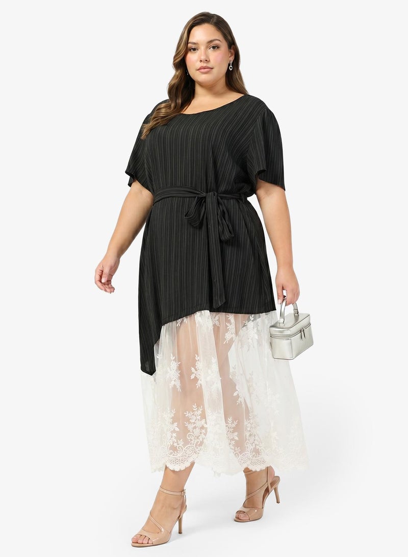 Ginger Plus Assymetric Belted Dress with Lace Hem - Image 4
