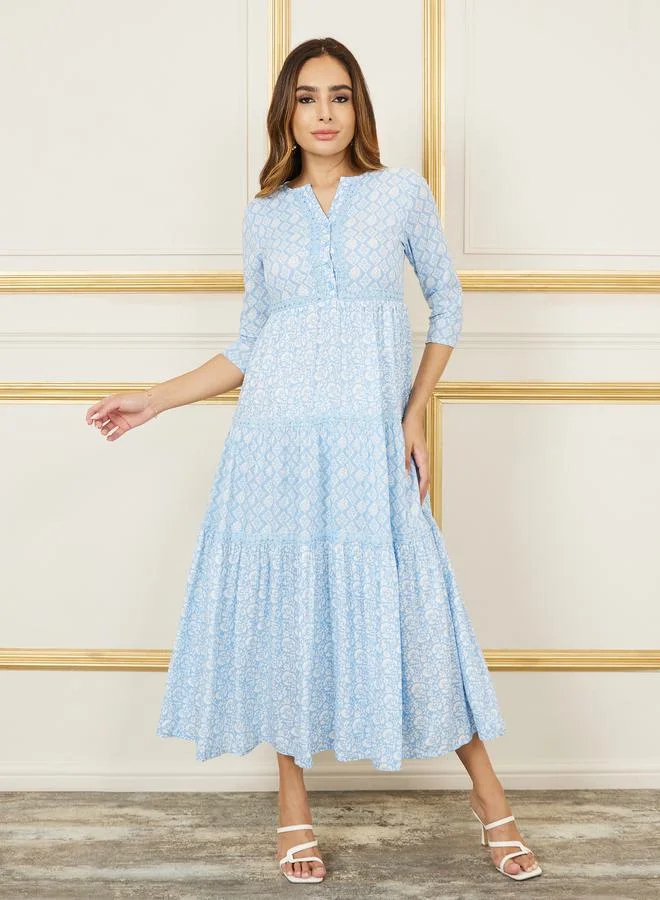 Styli Block Print Lace Insert Front Button Closure Tiered Maxi Dress