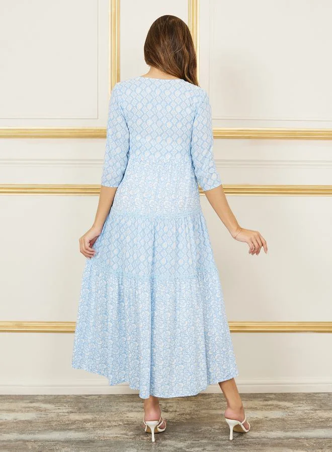 Styli Block Print Lace Insert Front Button Closure Tiered Maxi Dress