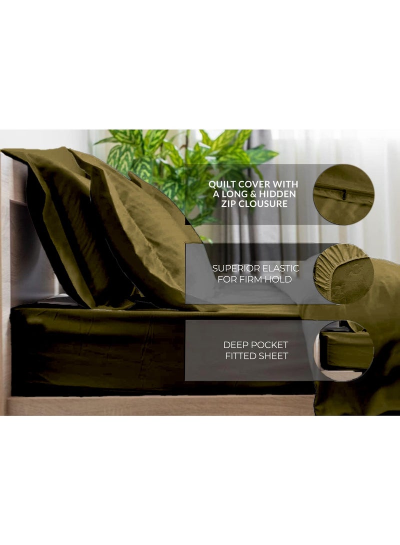إي وورلد طقم أسرّة فاخر مكوّن من 6 قطع مقاس كينغ، بتصميم مخطط باللون الأخضر الزيتي – يشمل ملاءة سرير فاخرة كاملة/كينغ بنقشة مخططة مع لحاف ناعم واحد و4 أغطية وسائد – مناسب للمنازل والفنادق - Image 5