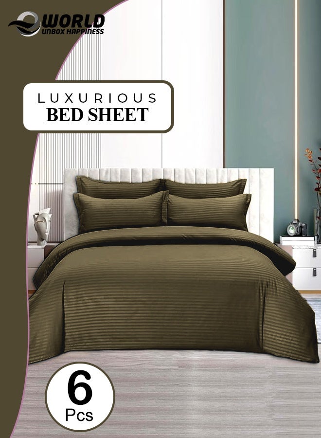 إي وورلد طقم أسرّة فاخر مكوّن من 6 قطع مقاس كينغ، بتصميم مخطط باللون الأخضر الزيتي – يشمل ملاءة سرير فاخرة كاملة/كينغ بنقشة مخططة مع لحاف ناعم واحد و4 أغطية وسائد – مناسب للمنازل والفنادق - Image 1