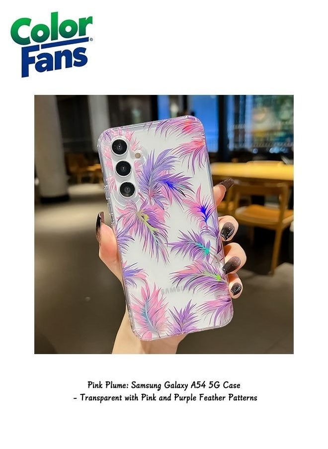Color Fans Pink Plume: Samsung Galaxy A54 5G Case - Transparent with Pink and Purple Feather Patterns 