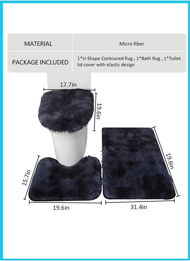 Berma Baby - Bathroom Rugs Set of 3 Piece Plush Bath Contour Mat Toilet Rugs U-Shaped Soft Water Absorbent Runner Rug Non-Slip Bathroom Shower Mat Toilet Seat Cover Area Floor Rug for Tub Black - Image 1