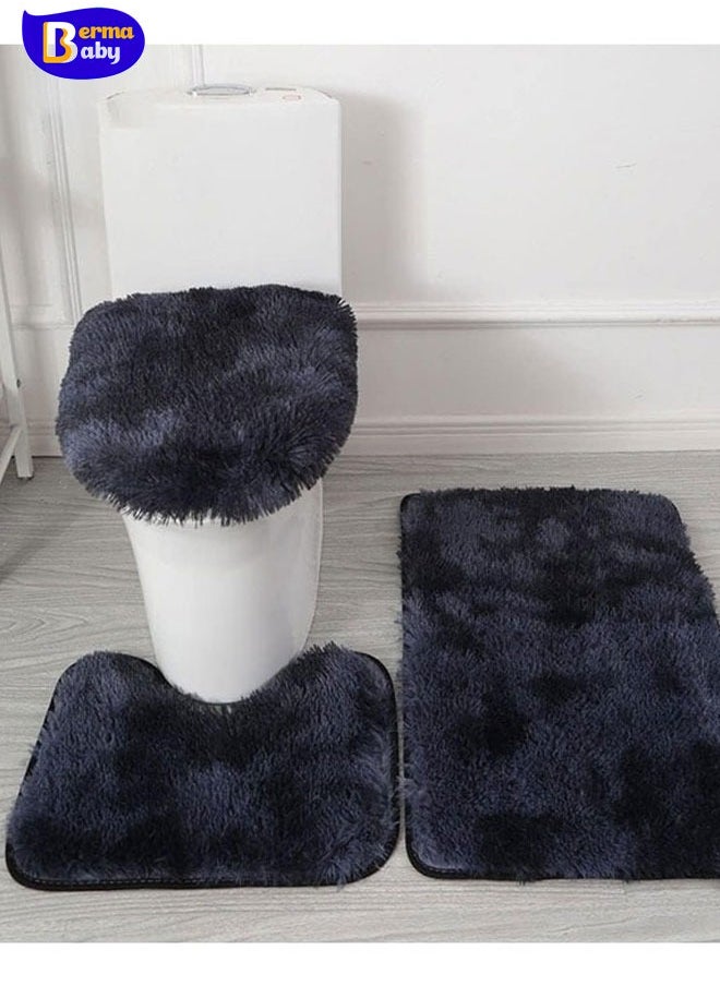 Berma Baby - Bathroom Rugs Set of 3 Piece Plush Bath Contour Mat Toilet Rugs U-Shaped Soft Water Absorbent Runner Rug Non-Slip Bathroom Shower Mat Toilet Seat Cover Area Floor Rug for Tub Black - Image 1