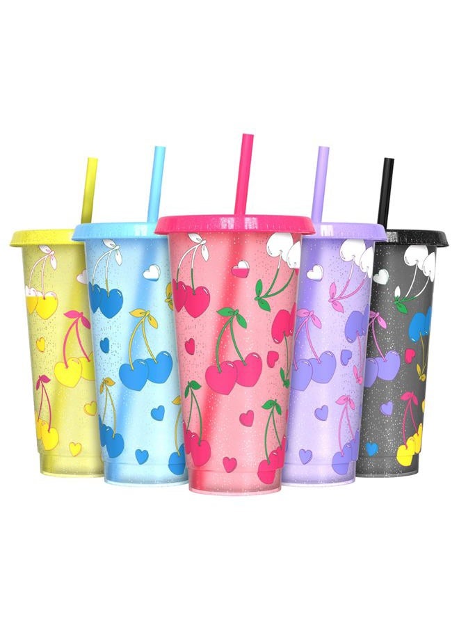 OZMOJOO Color Changing Cups, Plastic Tumblers with Lids and Straws, Reusable Plastic Cups - BPA-Free, Sturdy & Food Safe, Perfect for Iced Coffee, Milkshakes & Smoothies, 5 Pack - Glitter Cherry - Image 1