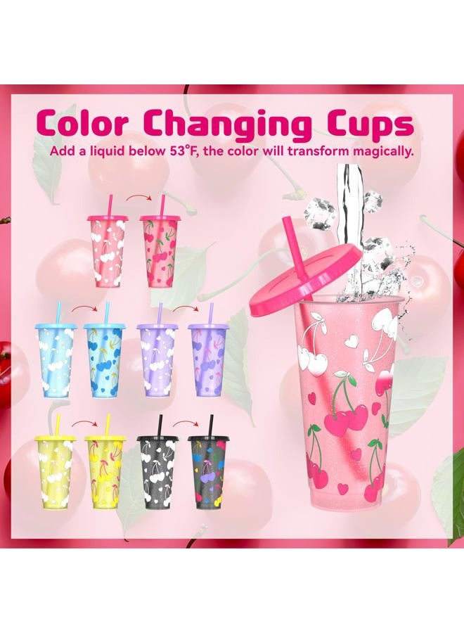 OZMOJOO Color Changing Cups, Plastic Tumblers with Lids and Straws, Reusable Plastic Cups - BPA-Free, Sturdy & Food Safe, Perfect for Iced Coffee, Milkshakes & Smoothies, 5 Pack - Glitter Cherry - Image 2
