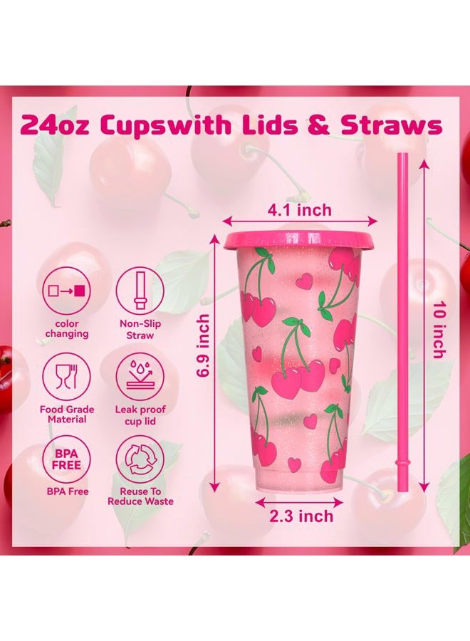 OZMOJOO Color Changing Cups, Plastic Tumblers with Lids and Straws, Reusable Plastic Cups - BPA-Free, Sturdy & Food Safe, Perfect for Iced Coffee, Milkshakes & Smoothies, 5 Pack - Glitter Cherry - Image 3