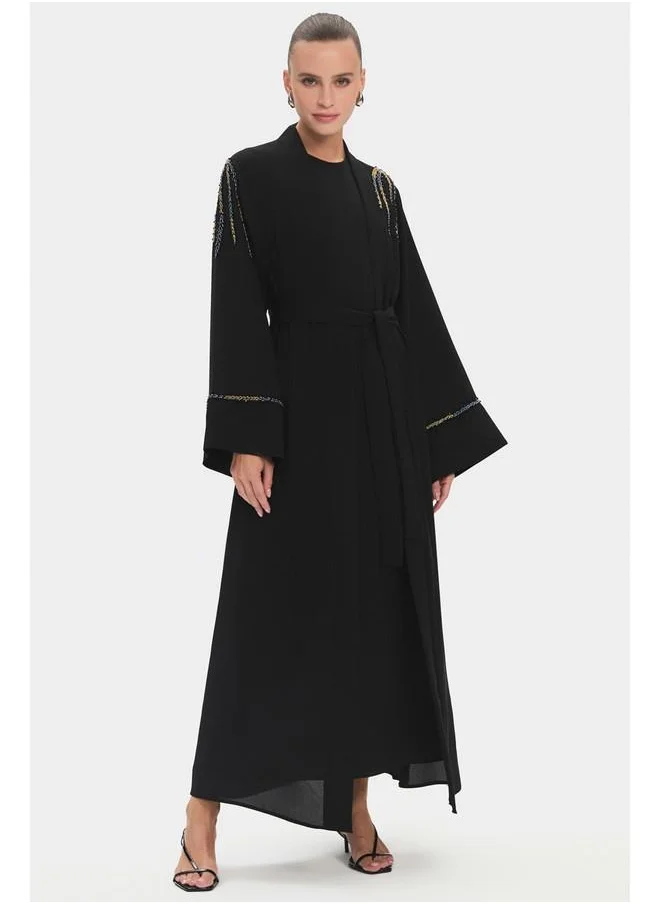 جون June Women Flowy Embroidered Detail Abaya Black