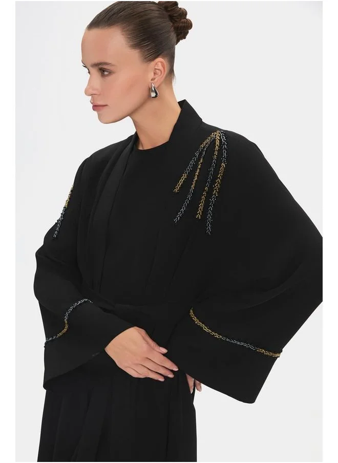 جون June Women Flowy Embroidered Detail Abaya Black