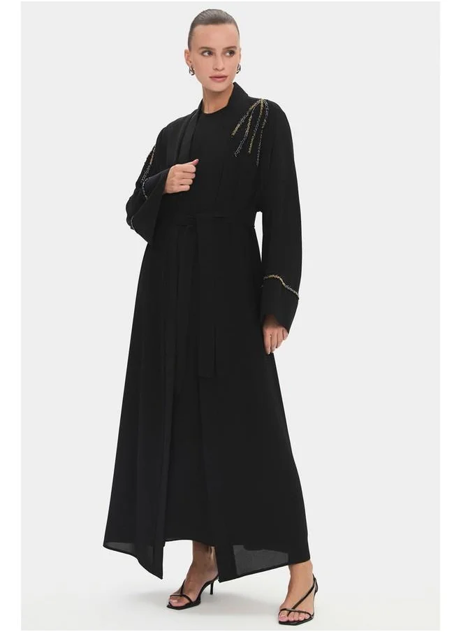 جون June Women Flowy Embroidered Detail Abaya Black