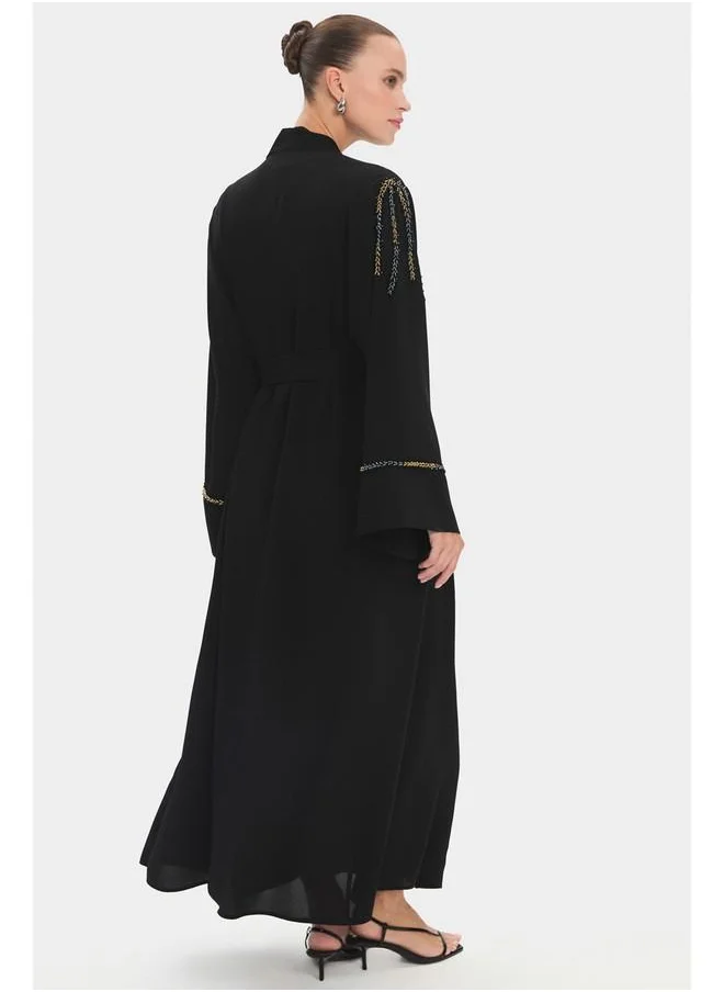 جون June Women Flowy Embroidered Detail Abaya Black