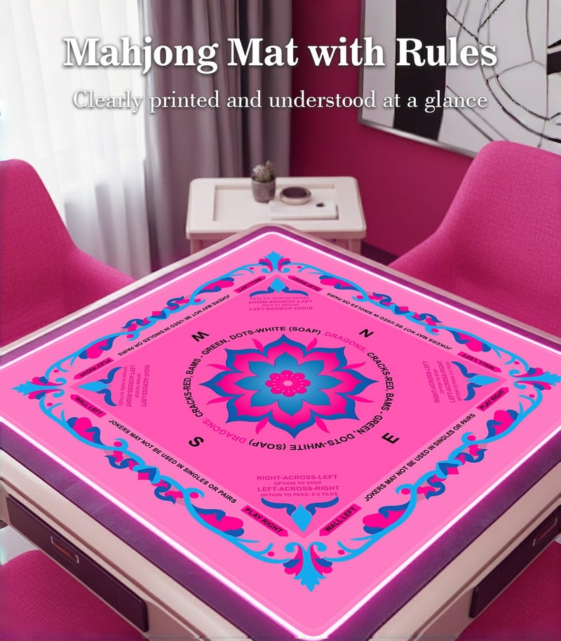 EVERSHOW Neoprene Mahjong Mat with Rules, 33x33 Inch Mahjong Mat for Table, Non-Slip Noise Reduction Mah Jongg Mat with Carrying Bag and 3 Dice for Card, Board, Poker, Tile Games, Dominoes (Pink) - Image 2