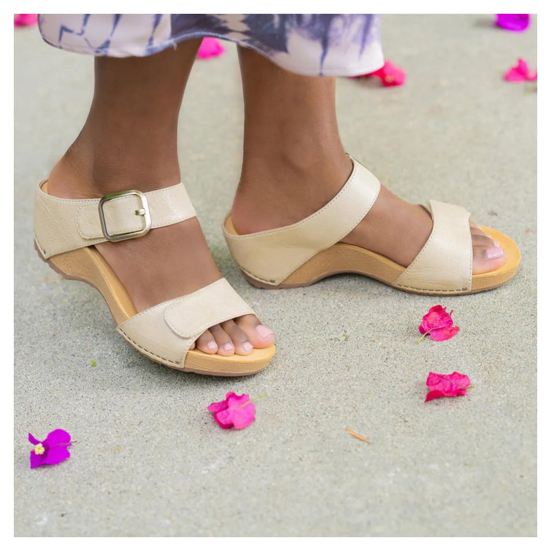 Dansko Tanya Slip-On Wedge Sandal for Women - Cushioned, Contoured Footbed for All-Day Comfort and Support - Hook & Loop Strap with Buckle Detail - Lightweight Rubber Outsole Linen 7.5-8 M US - Image 3