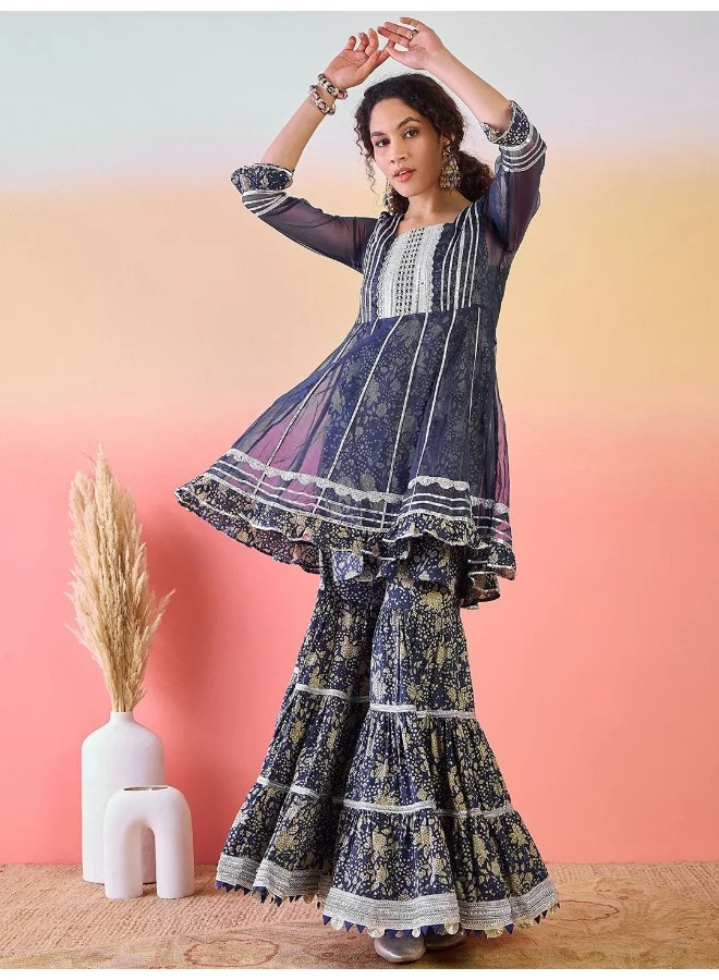 AKS Indigo Printed Gotta Patti Pure Cotton Kurta With Sharara