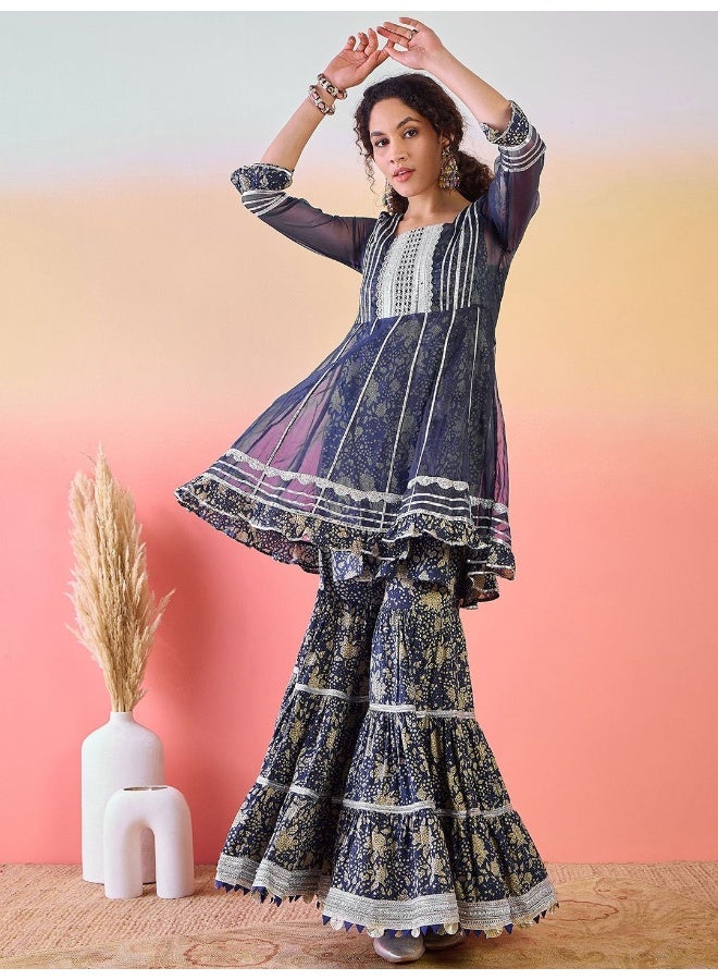 AKS Indigo Printed Gotta Patti Pure Cotton Kurta With Sharara - Image 1