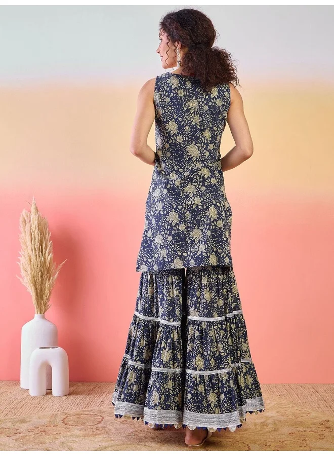 AKS  Indigo Printed Gotta Patti Pure Cotton Kurta With Sharara for Women | Best Price UAE