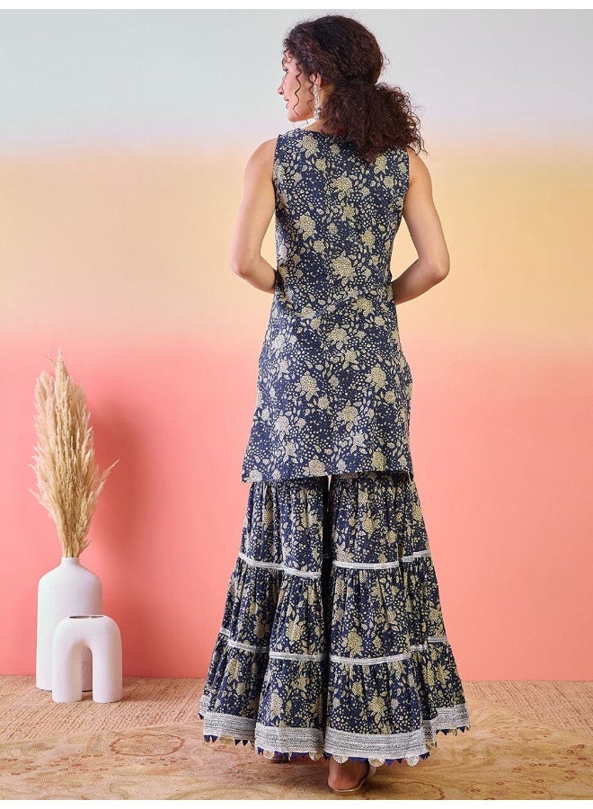 AKS Indigo Printed Gotta Patti Pure Cotton Kurta With Sharara - Image 4